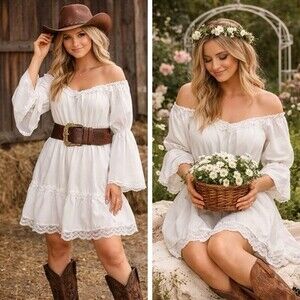 White Cottagecore Milkmaid Dress Lace Peasant Renaissance Coquette Boho Medium